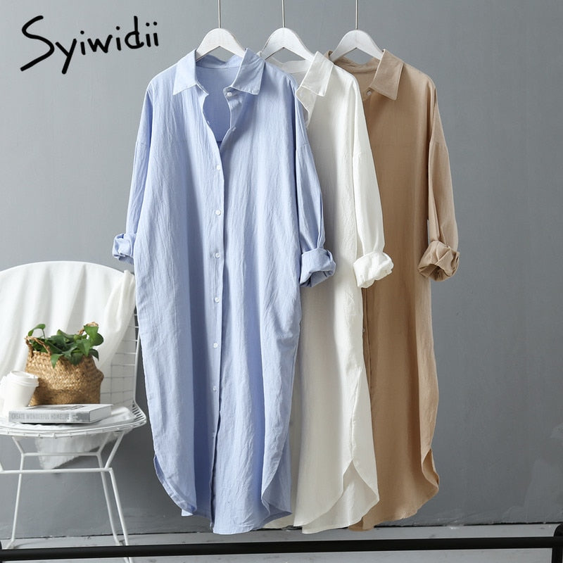 Syiwidii Woman Long Shirt Dress Cotton Loose Korean Clothing Summer Autumn Khaki White Blue Oversized Pure Midi Dresses