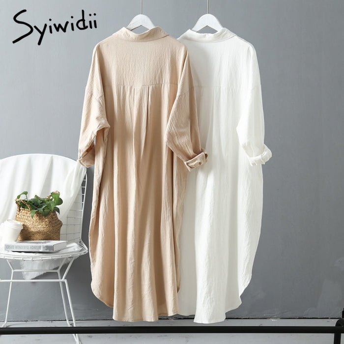 Syiwidii Woman Long Shirt Dress Cotton Loose Korean Clothing Summer Autumn Khaki White Blue Oversized Pure Midi Dresses