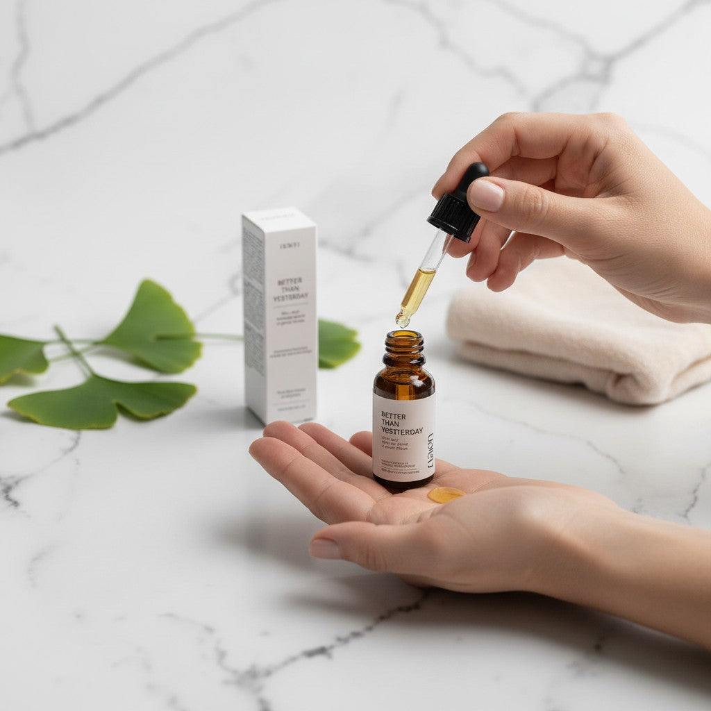 Maison najen Actif A01 Better Than Yesterday antioxidant serum with ginkgo for radiance and protection. Amber glass dropper bottle and box.