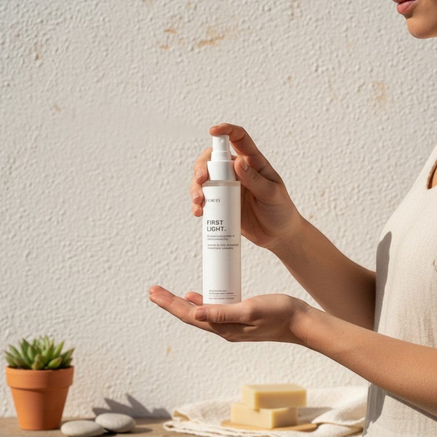 Maison Najen First Light face mist with prebiotics and hyaluronic acid for hydration and skin barrier support.