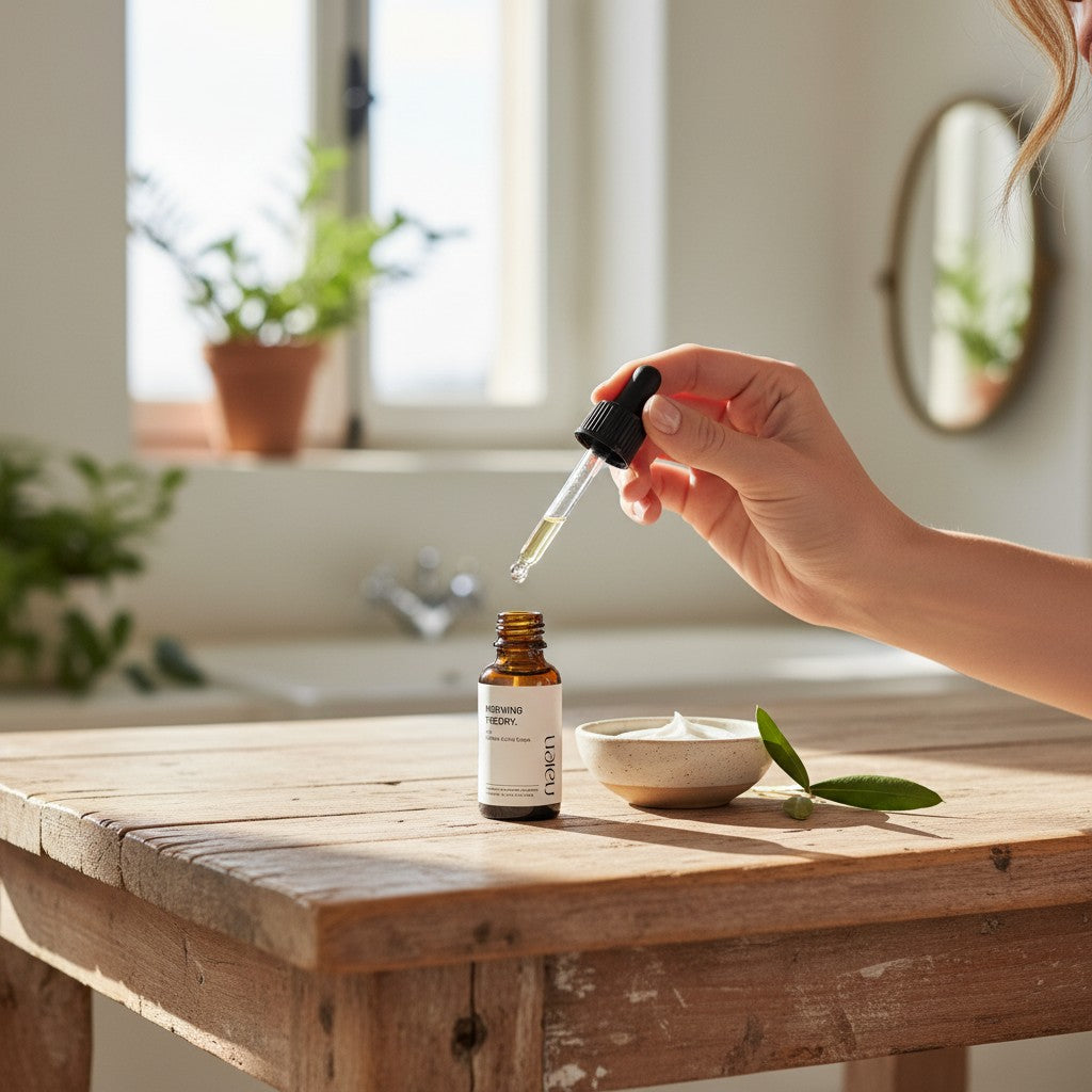 Maison najen. Morning Theory A02 Caffeine Active Drops in a brown glass bottle with a dropper. Gel texture.